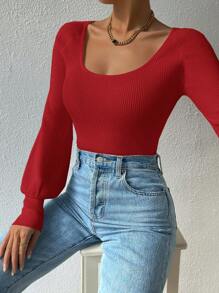 EURMUSE 女士纯色圆领灯笼袖优雅套头毛衣，适合秋冬季 - 紅色 - 查看 3