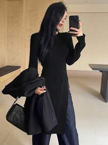 DAZY Women Solid Color Bodycon High Slit Maxi Knitted Dress