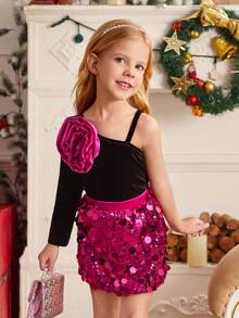 SHEIN 年轻女孩优雅派对礼服套装，长袖天鹅绒荷叶边上衣 + 迷你亮片裙，适合圣诞节假期、家庭聚会、舞台表演和礼物 - 彩色 - 查看 4