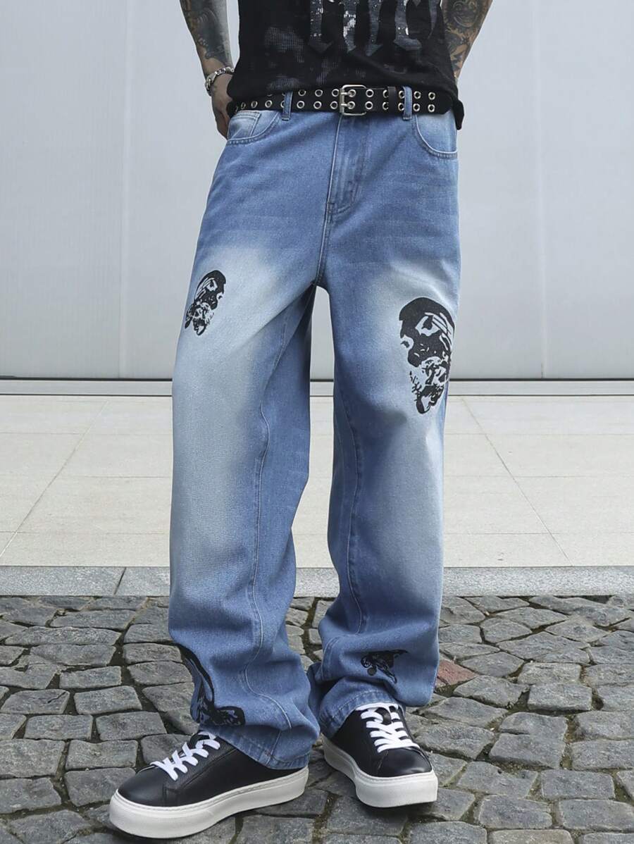Manfinity EMRG Quần Jeans Dài Baggy In Hình Đầu Lâu Thường Ngày Cho Nam - Màu xanh lam - Xem 1