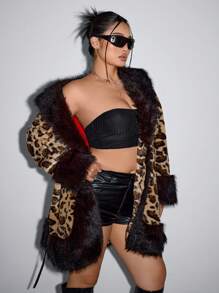 SHEIN ICON 大码豹纹蓬松领长袖休闲外套