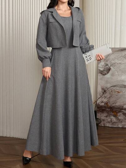 Mulvari 2 件女士休闲连帽短款夹克和无袖连衣裙套装，春秋季 2 件套