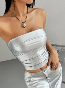 SHEIN EZwear 女士夏季裹颈针织 PU 皮革短款上衣 - 銀色 - 查看 5