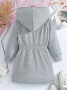 Young Girl Casual Sport Style Half-Zip Up Raglan Long Sleeve Hooded Loose Dress