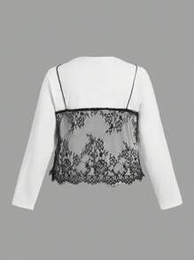 SHEIN MOD Camiseta casual de manga larga de 2 en 1 con parche de encaje de talla grande para mujeres, otoño e invierno