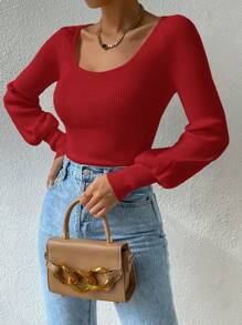 EURMUSE 女士纯色圆领灯笼袖优雅套头毛衣，适合秋冬季 - 紅色 - 查看 6