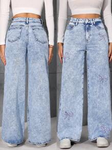 Quần Jeans Ống Rộng Có Túi Trang Trí Nơ Cho Nữ - Màu xanh lam - Xem 1