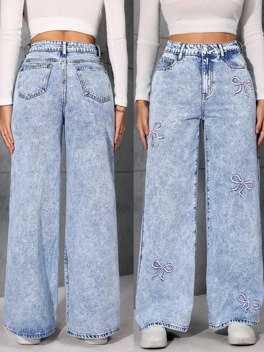 Quần Jeans Ống Rộng Có Túi Trang Trí Nơ Cho Nữ - Màu xanh lam - Xem 1