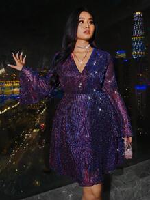 SHEIN Privé Plus Size Women Sparkly Purple A-Line Bell Sleeve Short Dress - Multicolor - View 5