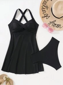 Swim Lushoire 2pcs/Set Women Solid Color Camisole & Tankini Swimming Suit Summer - Black - View 3