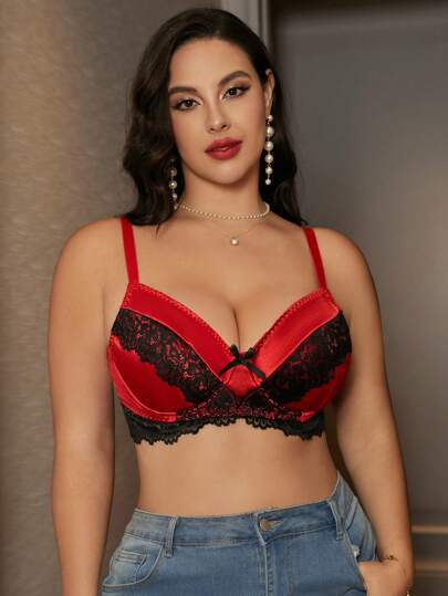 1pc Plus Size Contrast Lace Underwire Bra, Lingerie