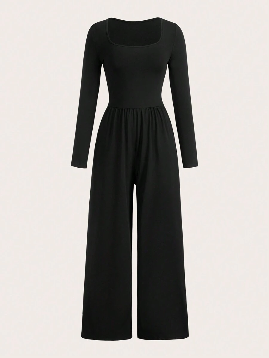 SHEIN EZwear 纯色长袖连体裤,休闲,春秋 - 黑色 - 查看 1
