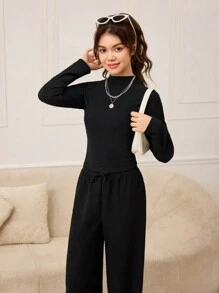 SHEIN 2pcs Teenage Girl's Stand Collar Textured Long Sleeve T-Shirt + Loose Fit Casual Pants Set - Black - View 4