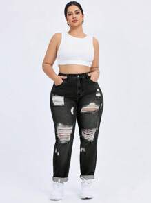 SHEIN SXY 大码女式破洞口袋紧身休闲牛仔裤 - 黑色 - 查看 3