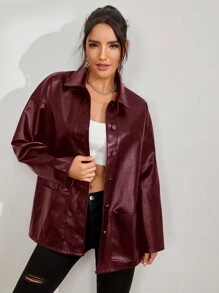 SHEIN EZwear 女士宽松休闲落肩长袖纽扣 PU 常规夹克，春秋季 - 酒紅色 - 查看 4