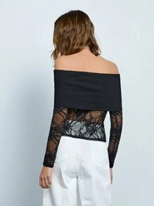 Maija Women's Elegant Black Off-Shoulder Contrast Lace Sheer T-Shirt, Autumn Valentine's Day Valentine Day Clothes