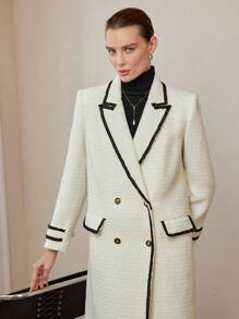 MOTF PREMIUM WOOL CONTRAST PIPING PEAK COLLAR FLAP DETAIL PEA OVERCOAT - Beige - View 5