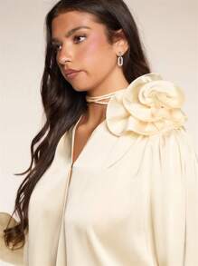 Glamine 女式春夏纯色长袖 3D 花卉休闲衬衫 - 香檳色 - 查看 3