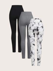 SHEIN Essnce Three Piece Tight Leggings Set Black Gray Tie Dye Women High Waist Seamless Elastic Leggings - Multicolor - View 2