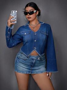 SHEIN ICON Plus Size Denim Jacket, Blue Fitted Top With Flared Sleeves, Stretchy Y2K Style - Medium Wash - View 5
