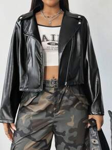 EMERY ROSE Plus Size PU Zipper Front Decorated Jacket, Long Sleeve Short Windbreaker, For Winter Fall Cloth For Women Autumn - Black - View 5