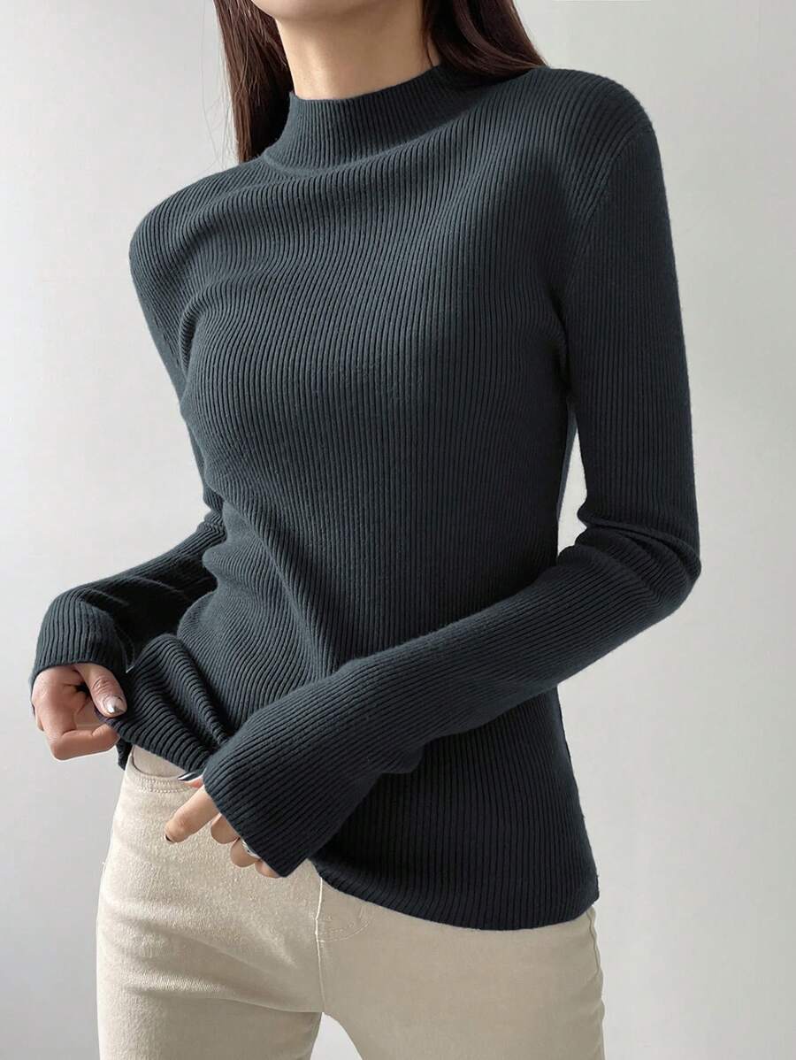 DAZY Solid Stand Collar Rib Knit Jumper - Dark Grey - View 1