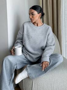 EURMUSE 100% Cotton PEARL DETAILED GREY SWEATSHIRT - Grey - View 3