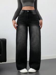 SHEIN Tall 女牛仔裤黑色牛仔裤休闲宽松直筒长裤外出下装女牛仔裤牛仔裤子秋季裤子 - 黑色 - 查看 1