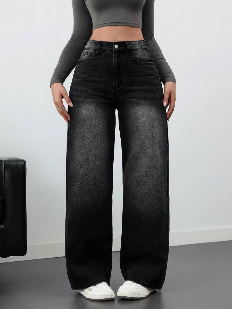 SHEIN Tall 女牛仔裤黑色牛仔裤休闲宽松直筒长裤外出下装女牛仔裤牛仔裤子秋季裤子 - 黑色 - 查看 1