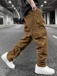 Manfinity Hypemode Pantalones cargo con cintura de cordón holgados para hombre - Marrón - Ver 3
