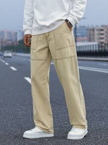 Manfinity Roghcode Quần Jeans Ống Thẳng Stonewashed Thường Ngày Cho Nam - Màu Khaki - Xem 4