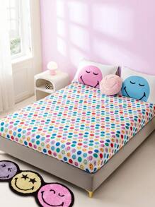SmileyWorld® | SHEIN 1pc Full Coverage Fun Cartoon Expression Patterned Fitted Sheet,Suitable For Children Single/Double/Queen/King Bed