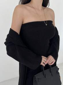 DAZY 2pcs/Set Women Solid Color Tube Dress And Long Sleeve Cardigan Sweater Fall - Black - View 5