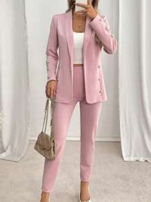 SHEIN Clasi 2pcs Women's Solid Color Lapel Collar Long Sleeve Button Design Jacket And Pants Office/Casual Suit Set, Spring/Fall - Pink - View 6