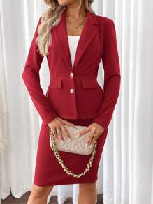 SHEIN Clasi 2 件套女士商务休闲西装外套和中长裙套装，春季/秋季 - 紅色 - 查看 4