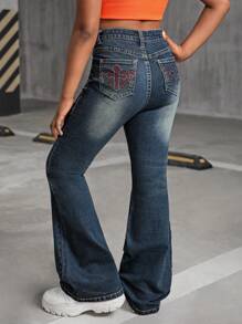 SHEIN Y2K Fashion Grunge Punk Vintage Washed Tween Girl's Flared Jeans With Rhinestone Cross Design Embellishment, Girls Fall Clothes Back To School Outfits - Dark Wash - View 2