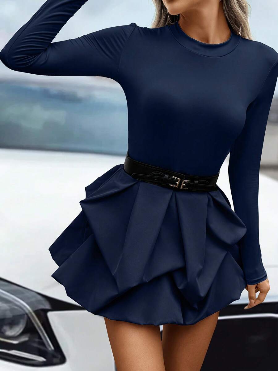 Chiquease Women Floral Patchwork Stand Collar A-Line Dress, Spring & Fall,Ladies Casual Belted Long Sleeve Stand Collar Slim Fit Short Navy Blue Regular Sleeve Plain A Line Women Short Dresses,Spring/Fall,Casual Daily Wear - Navy Blue - View 1