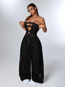 SHEIN ICON Women's Denim Halter Jumpsuit With Cutout And Button Design - Black - View 1