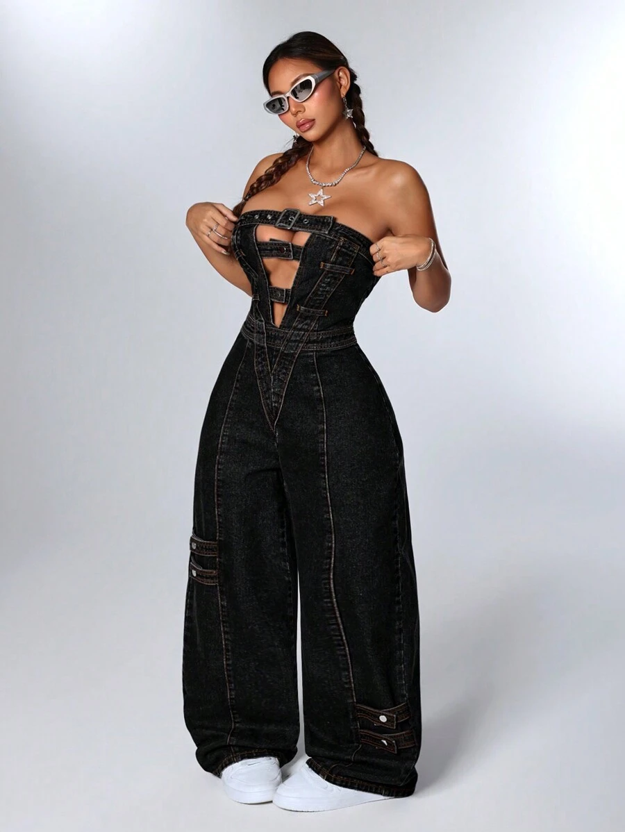 SHEIN ICON Women's Denim Halter Jumpsuit With Cutout And Button Design - Black - View 1