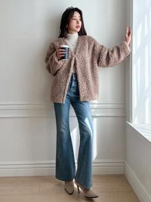 DAZY 女士V领羊毛加厚外套，新款秋季设计，秋季女装外套 - 棕色 - 查看 7