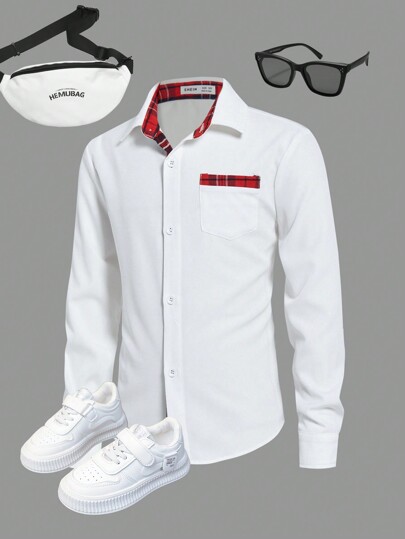 SHEIN Chemise à manches longues unie avec col et poche, style collégial décontracté en tissu à carreaux pour garçon préadolescent