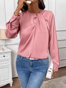 SHEIN Clasi Áo cánh cổ tròn dài tay bằng vải satin thiết kế dạng xoắn phía trước thanh lịch dành cho nữ, phù hợp cho công việc hàng ngày vào mùa xuân/thu/đông, giáo viên, v.v. - Bụi hồng - Xem 2