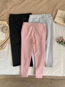 SHEIN LMoss Kids Bộ quần áo thu đông cho bé gái 3 món Quần legging vải nỉ dệt kim họa tiết chữ và logo màu trơn ấm áp có lót nhiệt, mặc được cho cả ngày thường và đi học. - Nhiều màu - Xem 2