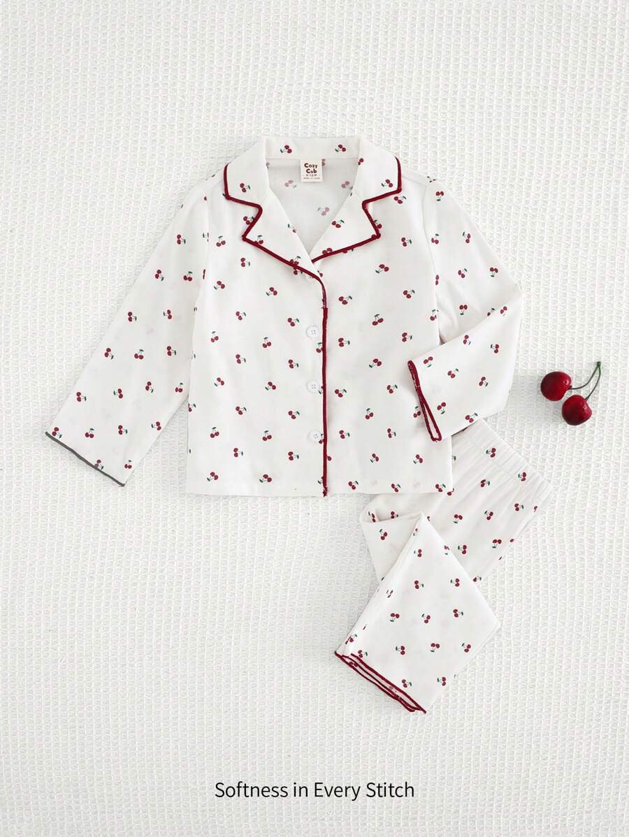 Cozy Pixies 2 pièces/Set Top et pantalon à imprimé cerise pour bébé fille, ensemble pyjama pour la maison - Rouge et Blanc - Voir 1