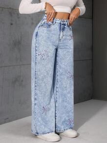 Quần Jeans Ống Rộng Có Túi Trang Trí Nơ Cho Nữ - Màu xanh lam - Xem 3