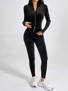 SHEIN PETITE Black Two Pieces Velvet Tracksuit Zip Up And Leggings - Black - View 4