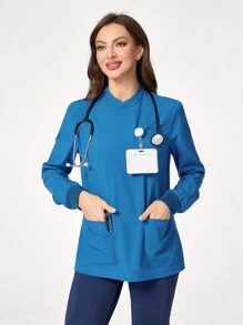 TaskEZ Plain Long Sleeve Scrub Uniform Top - Blue - View 8