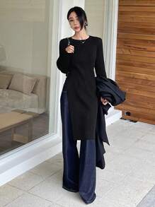 DAZY Women Solid Color Bodycon High Slit Maxi Knitted Dress