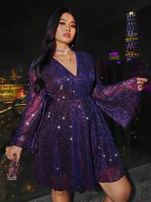 SHEIN Privé Plus Size Women Sparkly Purple A-Line Bell Sleeve Short Dress - Multicolor - View 7