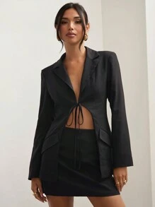 COSMINA Bộ đồ hai mảnh đơn giản, Bộ đồ thời trang màu đen, Áo khoác và váy hai mảnh, Dành cho đi làm, Bộ đồ thường ngày 2 chiếc Áo khoác dài tay có cổ màu trơn mùa xuân/thu cho nữ và váy ngắn - màu đen - Xem 3